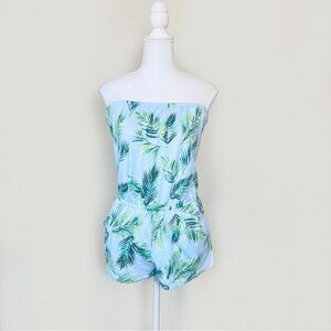 Forever 21 Baby Blue & Green Palm Tree Strapless Pocket Cotton Beach Romper